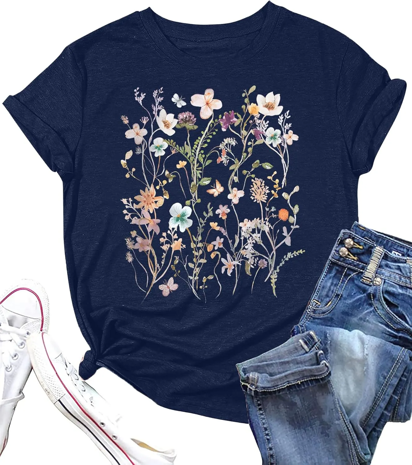 Women Boho Flower T Shirt Vintage Floral Graphic Shirt Botanical Tee Wildflowers Shirts Garden Lover Top
