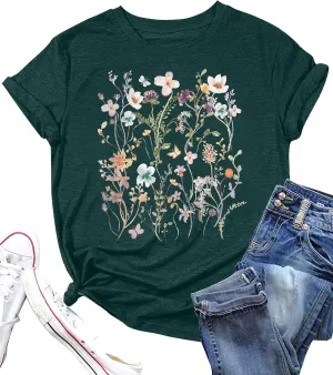 Women Boho Flower T Shirt Vintage Floral Graphic Shirt Botanical Tee Wildflowers Shirts Garden Lover Top