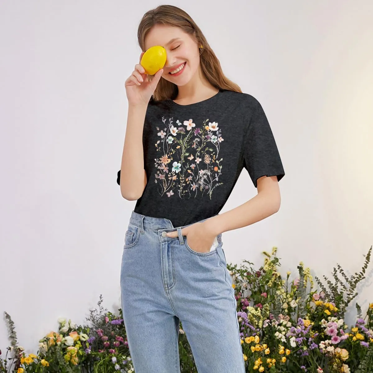 Women Boho Flower T Shirt Vintage Floral Graphic Shirt Botanical Tee Wildflowers Shirts Garden Lover Top