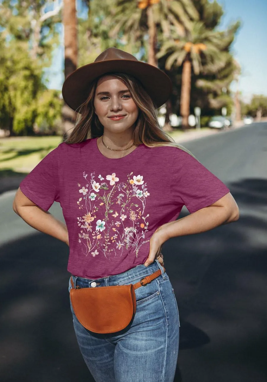 Women Boho Flower T Shirt Vintage Floral Graphic Shirt Botanical Tee Wildflowers Shirts Garden Lover Top