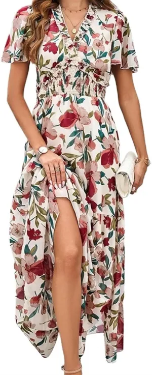 Women Casual Summer Short Ruffles Tiered Sleeve Smocked Midi Dresses Bohemian Floral V Neck Wedding Guest Long Dresses