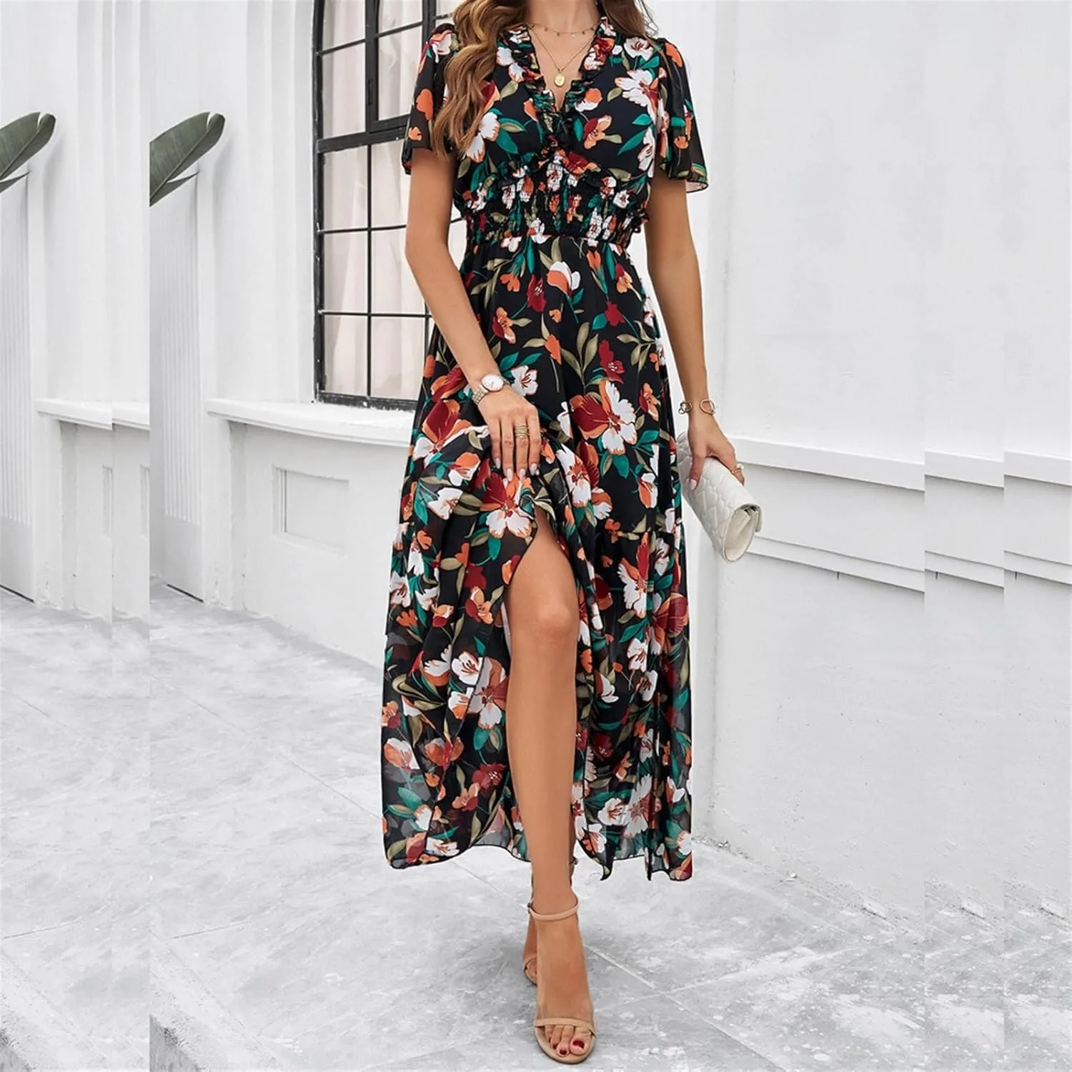 Women Casual Summer Short Ruffles Tiered Sleeve Smocked Midi Dresses Bohemian Floral V Neck Wedding Guest Long Dresses