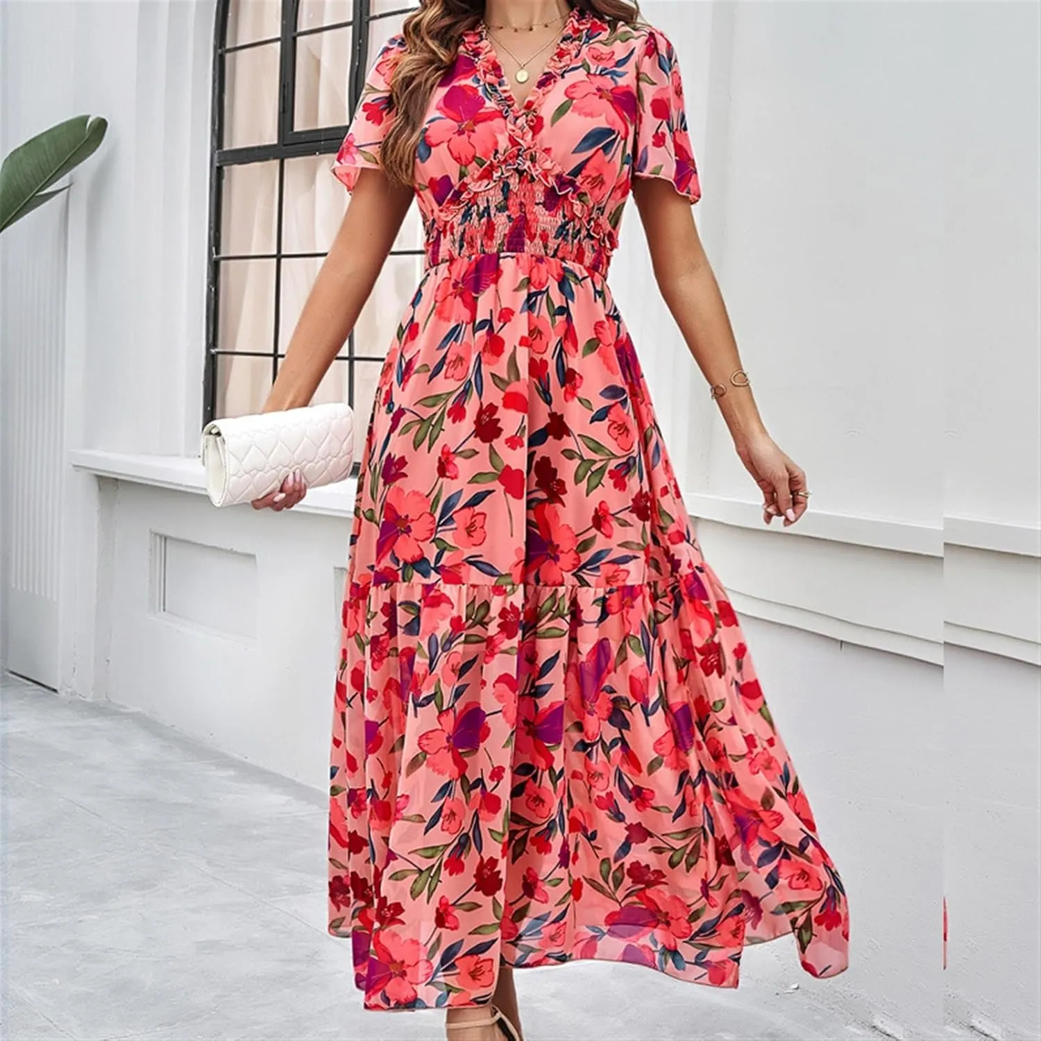 Women Casual Summer Short Ruffles Tiered Sleeve Smocked Midi Dresses Bohemian Floral V Neck Wedding Guest Long Dresses