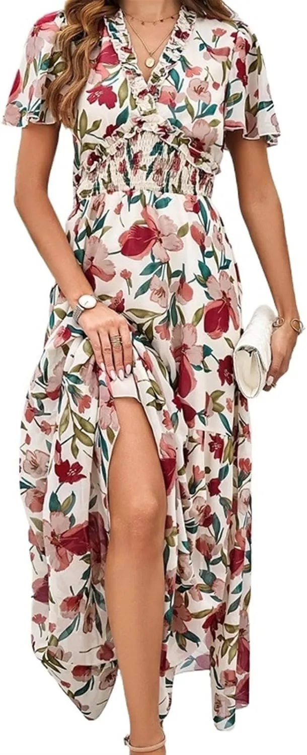 Women Casual Summer Short Ruffles Tiered Sleeve Smocked Midi Dresses Bohemian Floral V Neck Wedding Guest Long Dresses