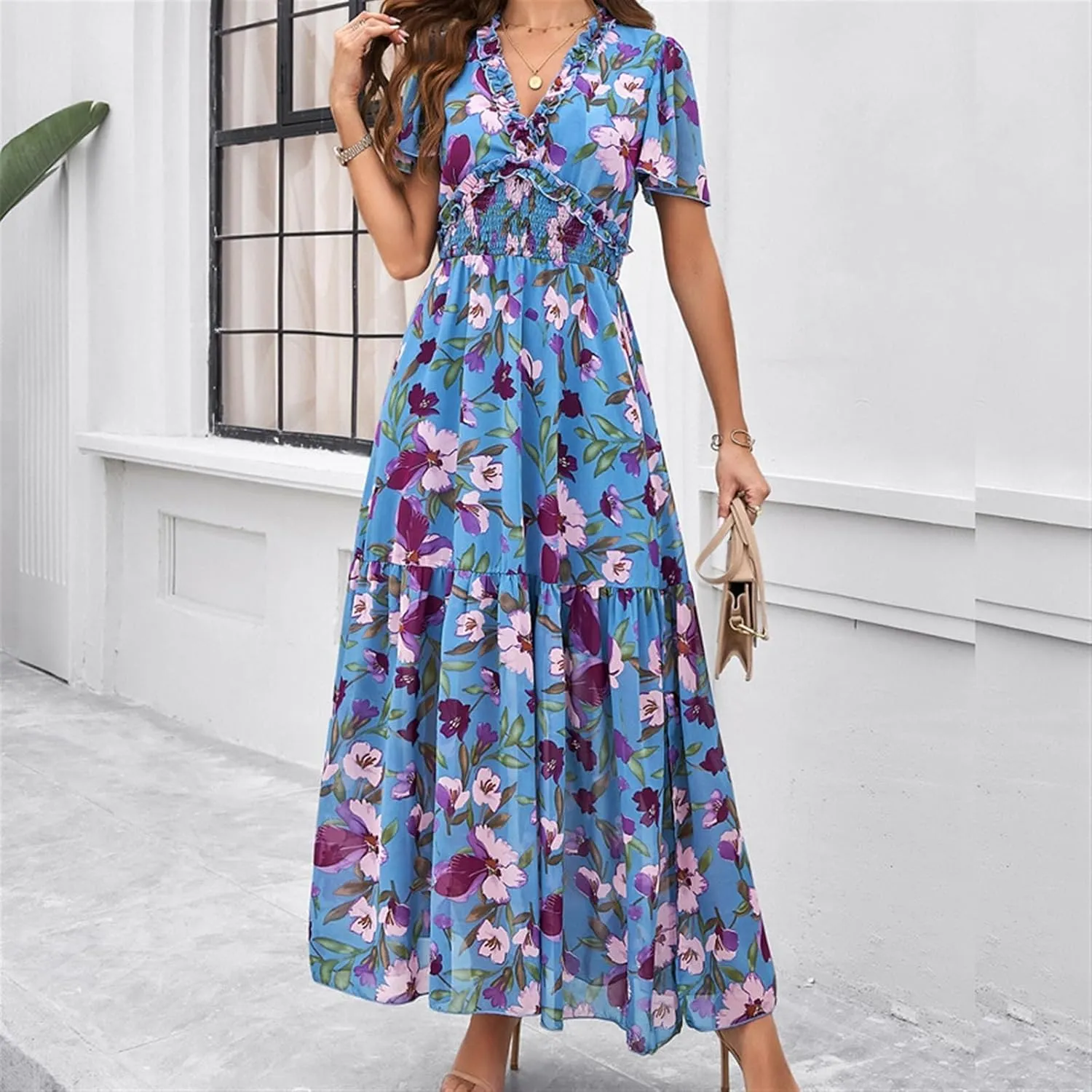 Women Casual Summer Short Ruffles Tiered Sleeve Smocked Midi Dresses Bohemian Floral V Neck Wedding Guest Long Dresses