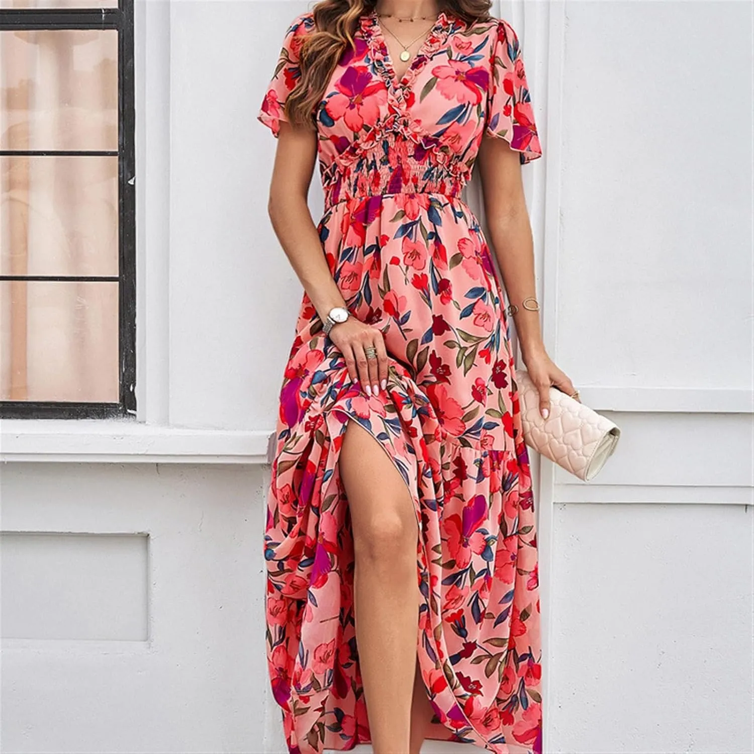 Women Casual Summer Short Ruffles Tiered Sleeve Smocked Midi Dresses Bohemian Floral V Neck Wedding Guest Long Dresses
