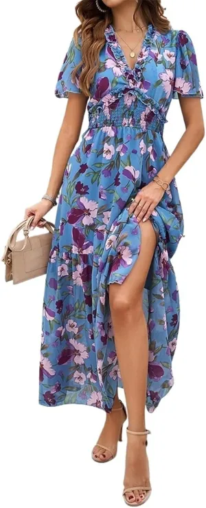 Women Casual Summer Short Ruffles Tiered Sleeve Smocked Midi Dresses Bohemian Floral V Neck Wedding Guest Long Dresses