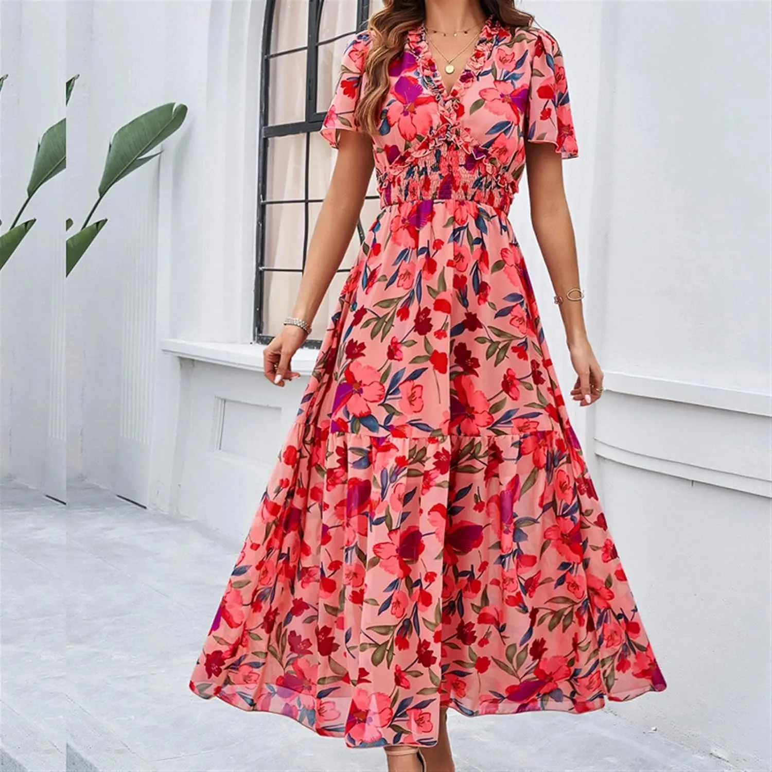 Women Casual Summer Short Ruffles Tiered Sleeve Smocked Midi Dresses Bohemian Floral V Neck Wedding Guest Long Dresses