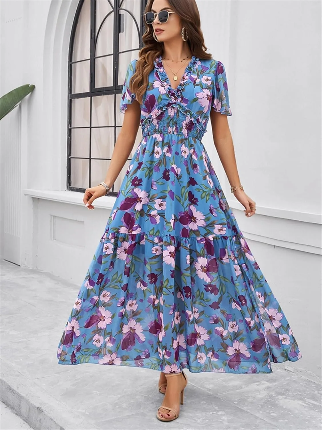 Women Casual Summer Short Ruffles Tiered Sleeve Smocked Midi Dresses Bohemian Floral V Neck Wedding Guest Long Dresses