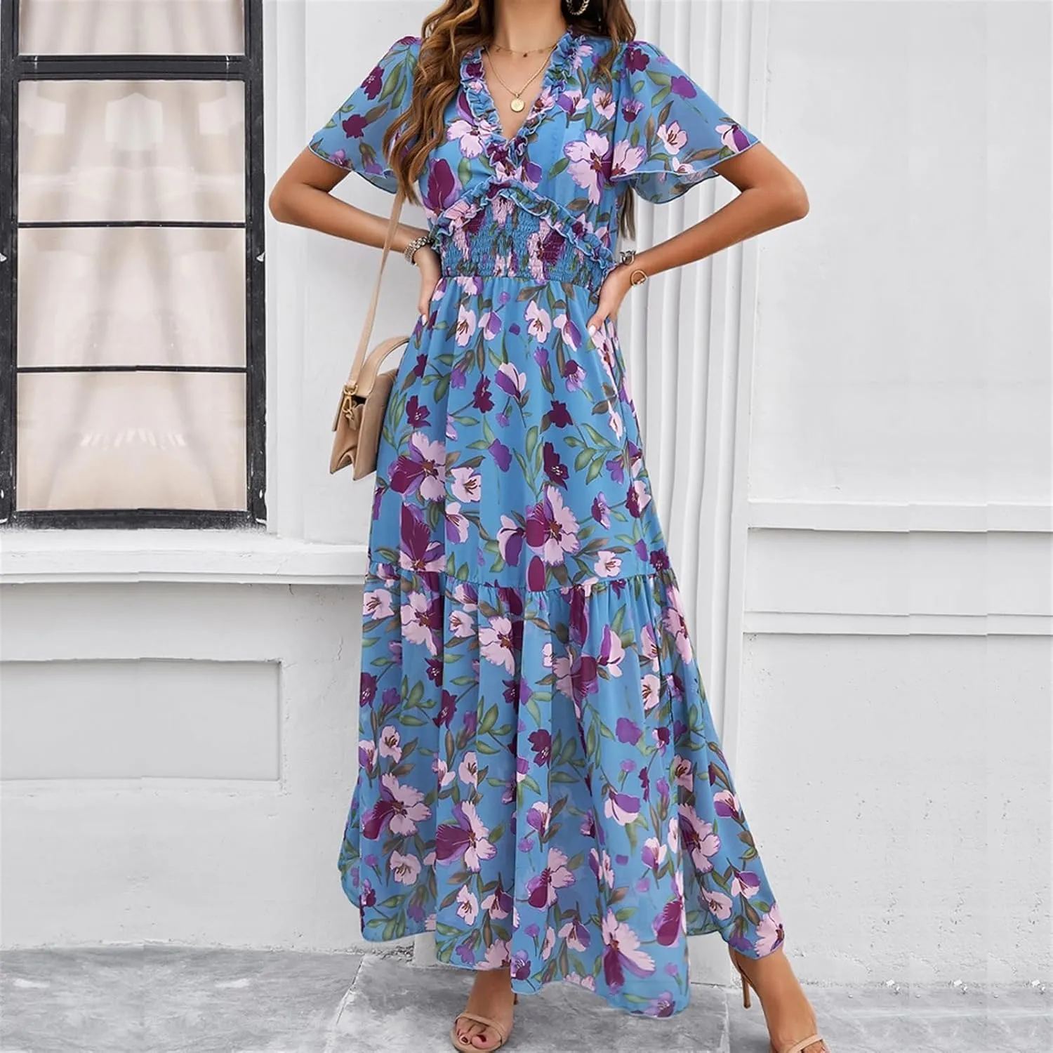 Women Casual Summer Short Ruffles Tiered Sleeve Smocked Midi Dresses Bohemian Floral V Neck Wedding Guest Long Dresses