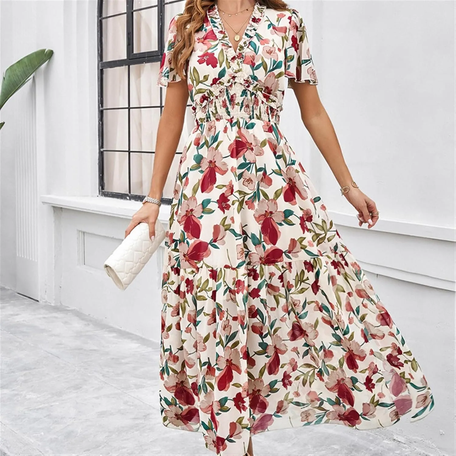 Women Casual Summer Short Ruffles Tiered Sleeve Smocked Midi Dresses Bohemian Floral V Neck Wedding Guest Long Dresses
