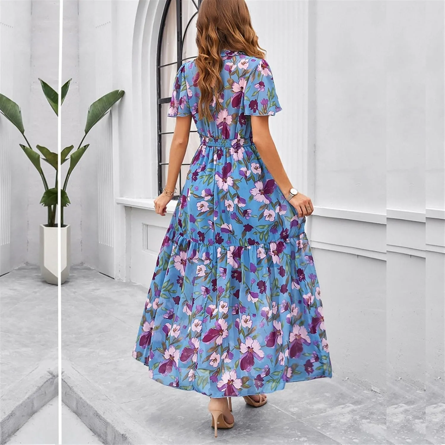 Women Casual Summer Short Ruffles Tiered Sleeve Smocked Midi Dresses Bohemian Floral V Neck Wedding Guest Long Dresses