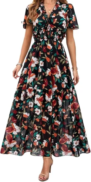 Women Casual Summer Short Ruffles Tiered Sleeve Smocked Midi Dresses Bohemian Floral V Neck Wedding Guest Long Dresses
