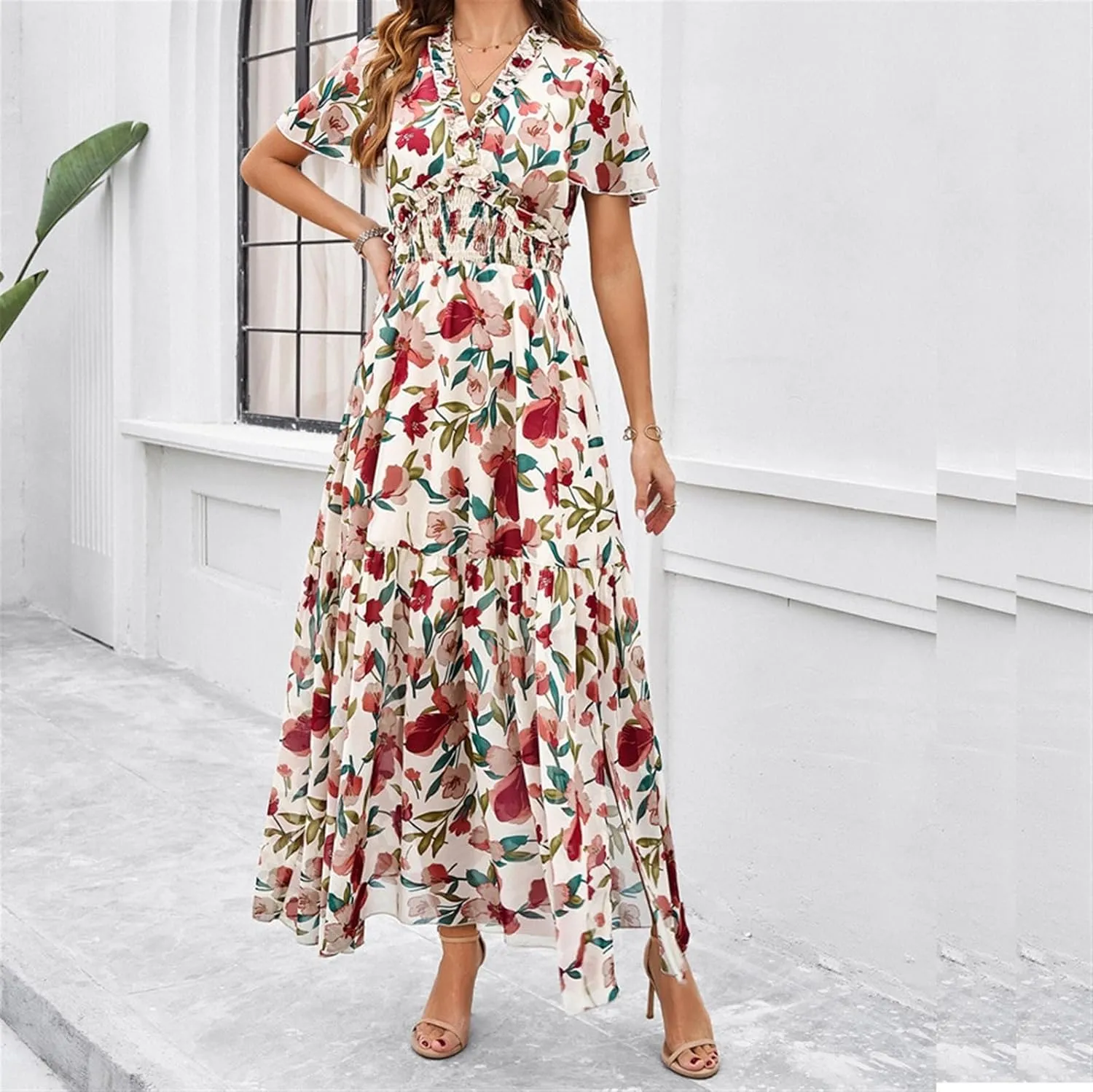 Women Casual Summer Short Ruffles Tiered Sleeve Smocked Midi Dresses Bohemian Floral V Neck Wedding Guest Long Dresses