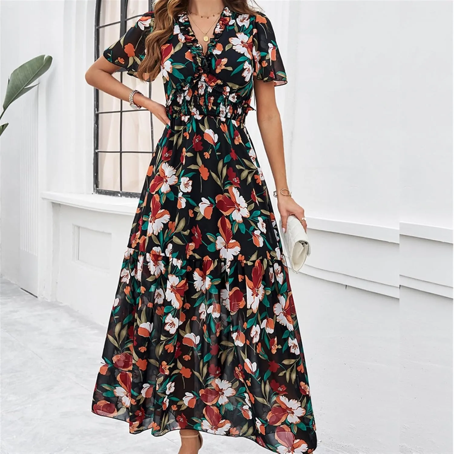 Women Casual Summer Short Ruffles Tiered Sleeve Smocked Midi Dresses Bohemian Floral V Neck Wedding Guest Long Dresses