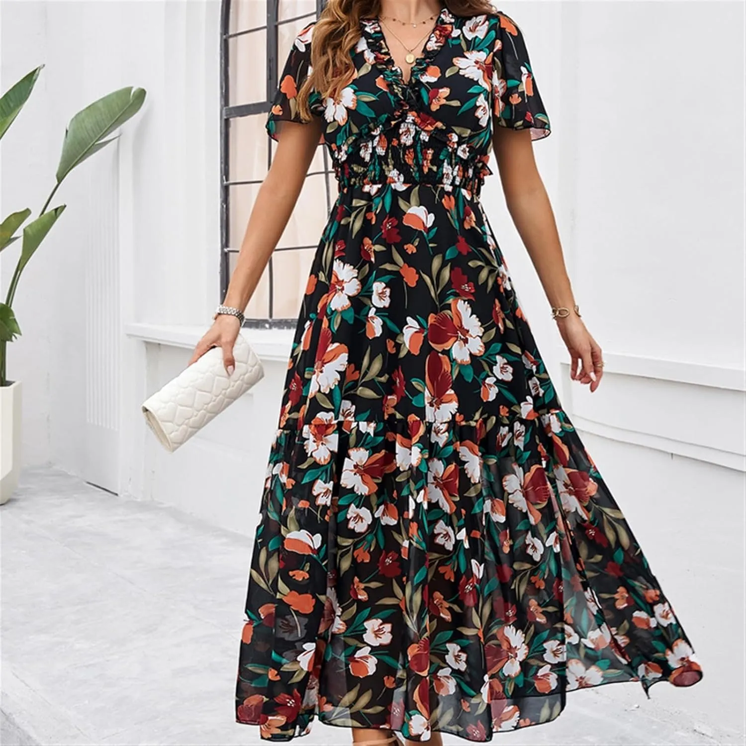 Women Casual Summer Short Ruffles Tiered Sleeve Smocked Midi Dresses Bohemian Floral V Neck Wedding Guest Long Dresses
