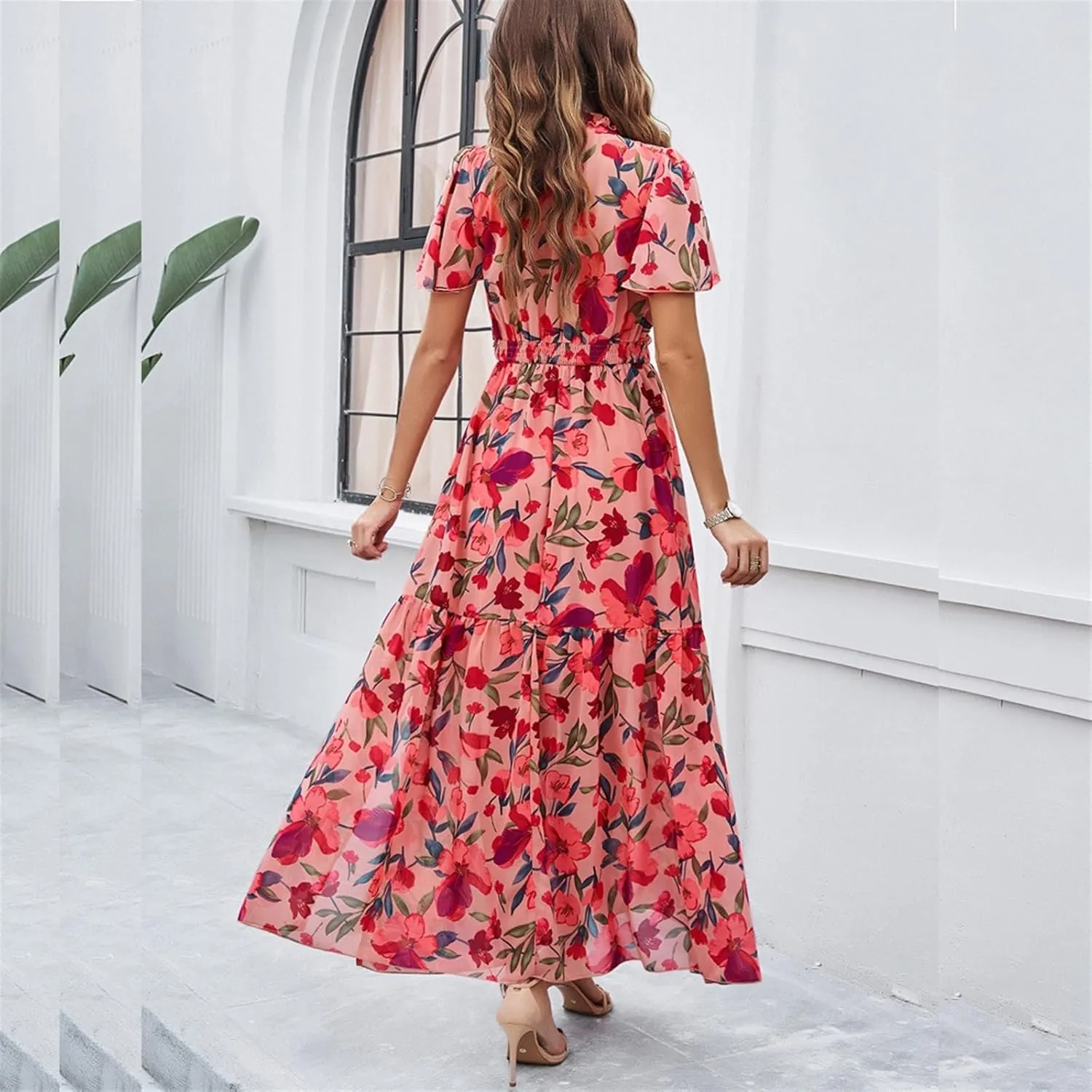 Women Casual Summer Short Ruffles Tiered Sleeve Smocked Midi Dresses Bohemian Floral V Neck Wedding Guest Long Dresses