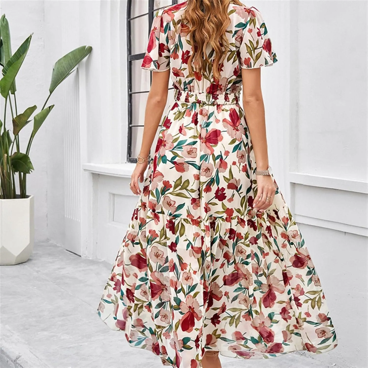 Women Casual Summer Short Ruffles Tiered Sleeve Smocked Midi Dresses Bohemian Floral V Neck Wedding Guest Long Dresses