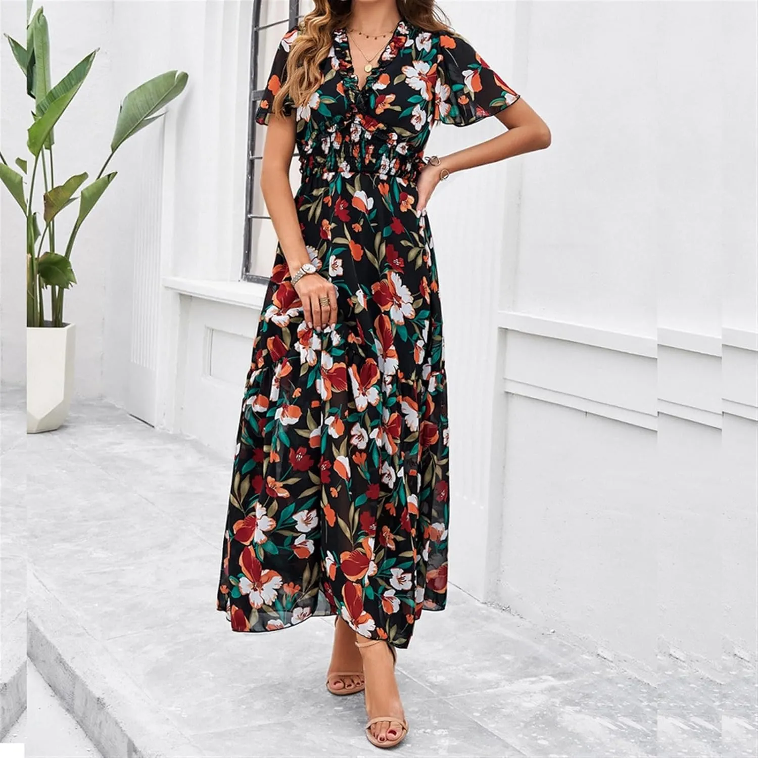 Women Casual Summer Short Ruffles Tiered Sleeve Smocked Midi Dresses Bohemian Floral V Neck Wedding Guest Long Dresses