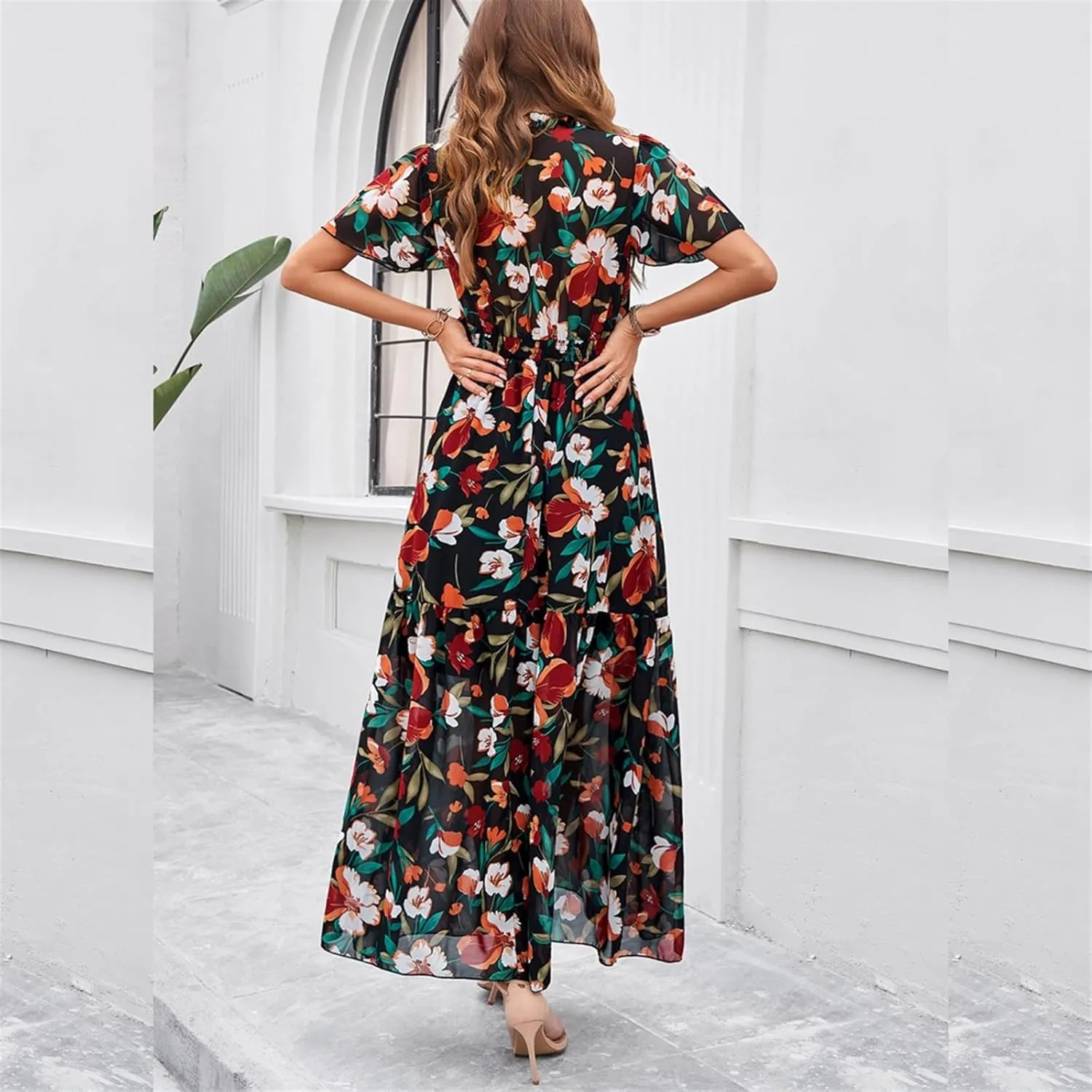 Women Casual Summer Short Ruffles Tiered Sleeve Smocked Midi Dresses Bohemian Floral V Neck Wedding Guest Long Dresses