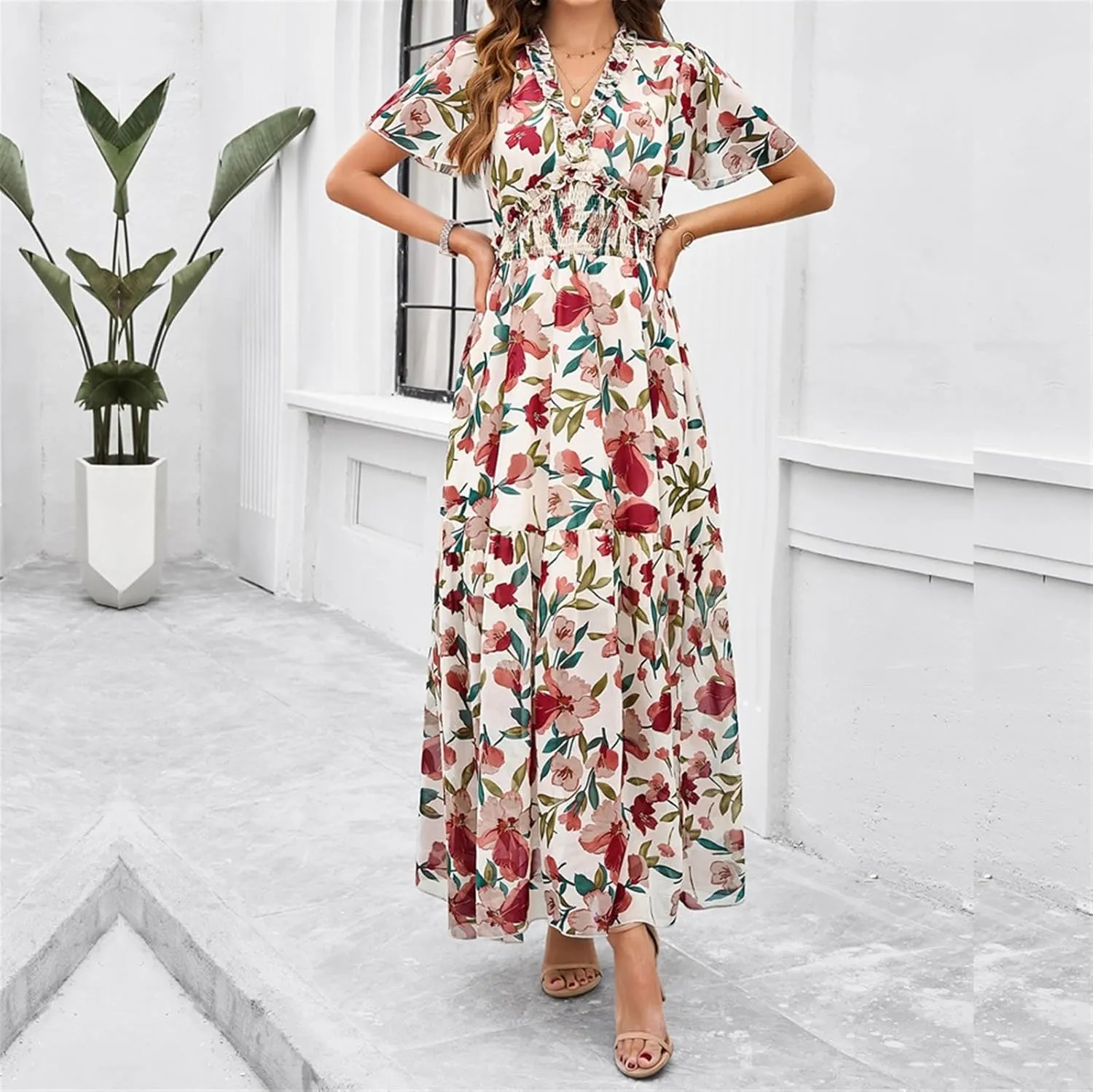 Women Casual Summer Short Ruffles Tiered Sleeve Smocked Midi Dresses Bohemian Floral V Neck Wedding Guest Long Dresses