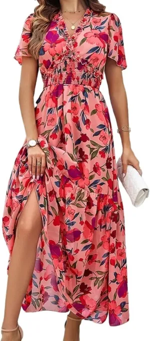 Women Casual Summer Short Ruffles Tiered Sleeve Smocked Midi Dresses Bohemian Floral V Neck Wedding Guest Long Dresses