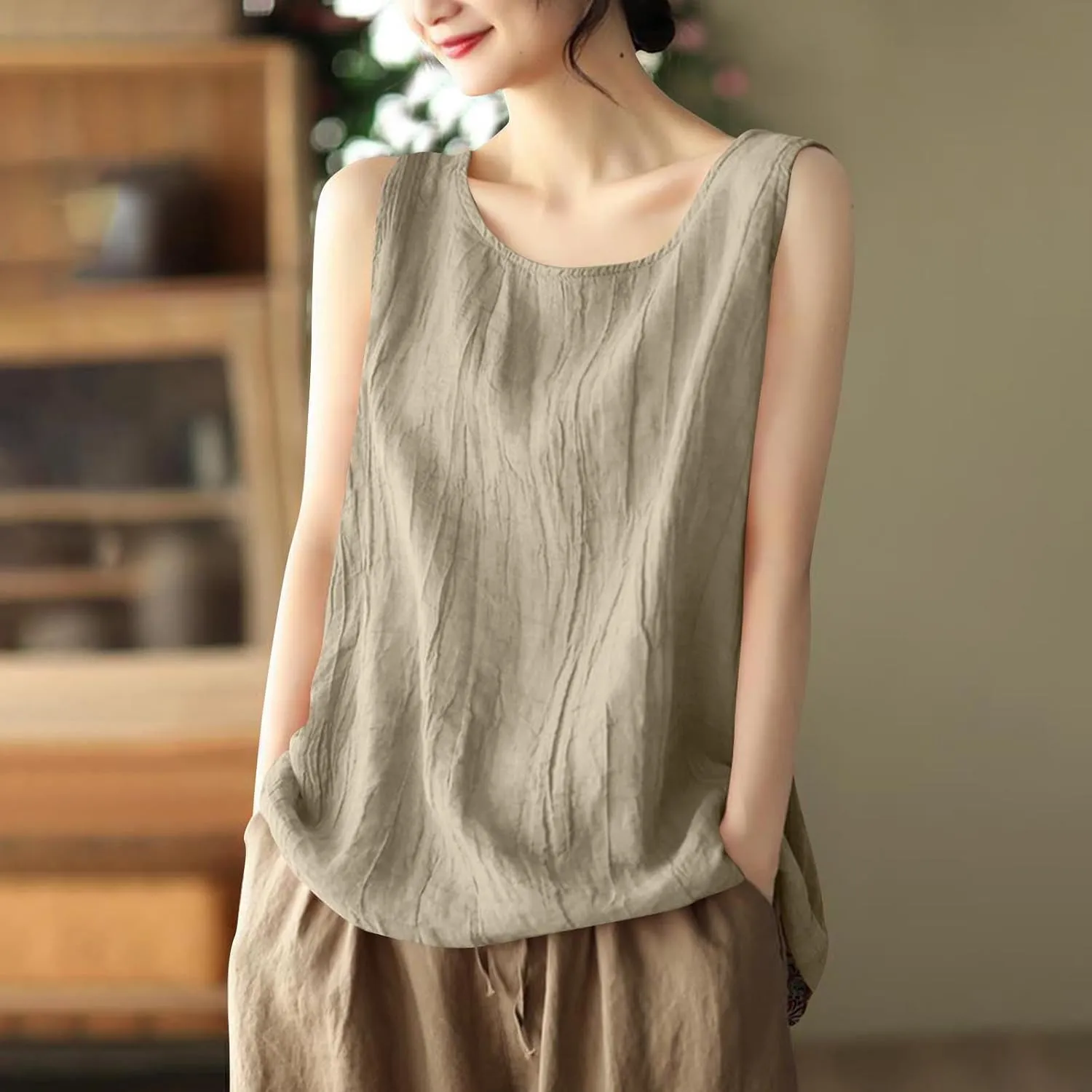 Women Cotton Linen Sleeveless Tank Tops Round Neck Solid Color Summer Shirt Casual Loose Comfy T-Shirt Blouse Vest