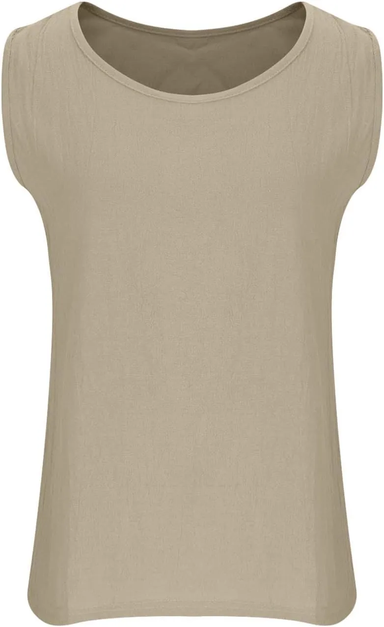 Women Cotton Linen Sleeveless Tank Tops Round Neck Solid Color Summer Shirt Casual Loose Comfy T-Shirt Blouse Vest