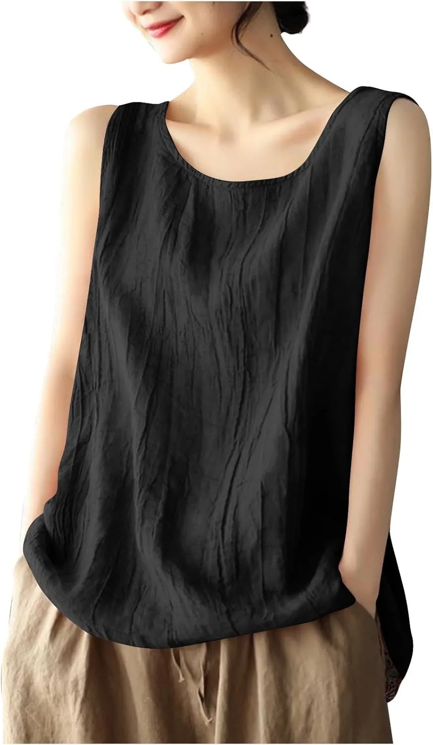 Women Cotton Linen Sleeveless Tank Tops Round Neck Solid Color Summer Shirt Casual Loose Comfy T-Shirt Blouse Vest