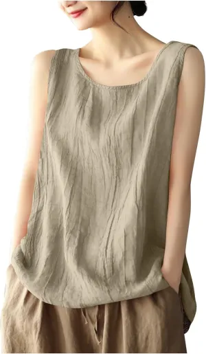 Women Cotton Linen Sleeveless Tank Tops Round Neck Solid Color Summer Shirt Casual Loose Comfy T-Shirt Blouse Vest