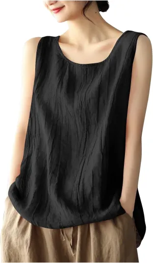 Women Cotton Linen Sleeveless Tank Tops Round Neck Solid Color Summer Shirt Casual Loose Comfy T-Shirt Blouse Vest