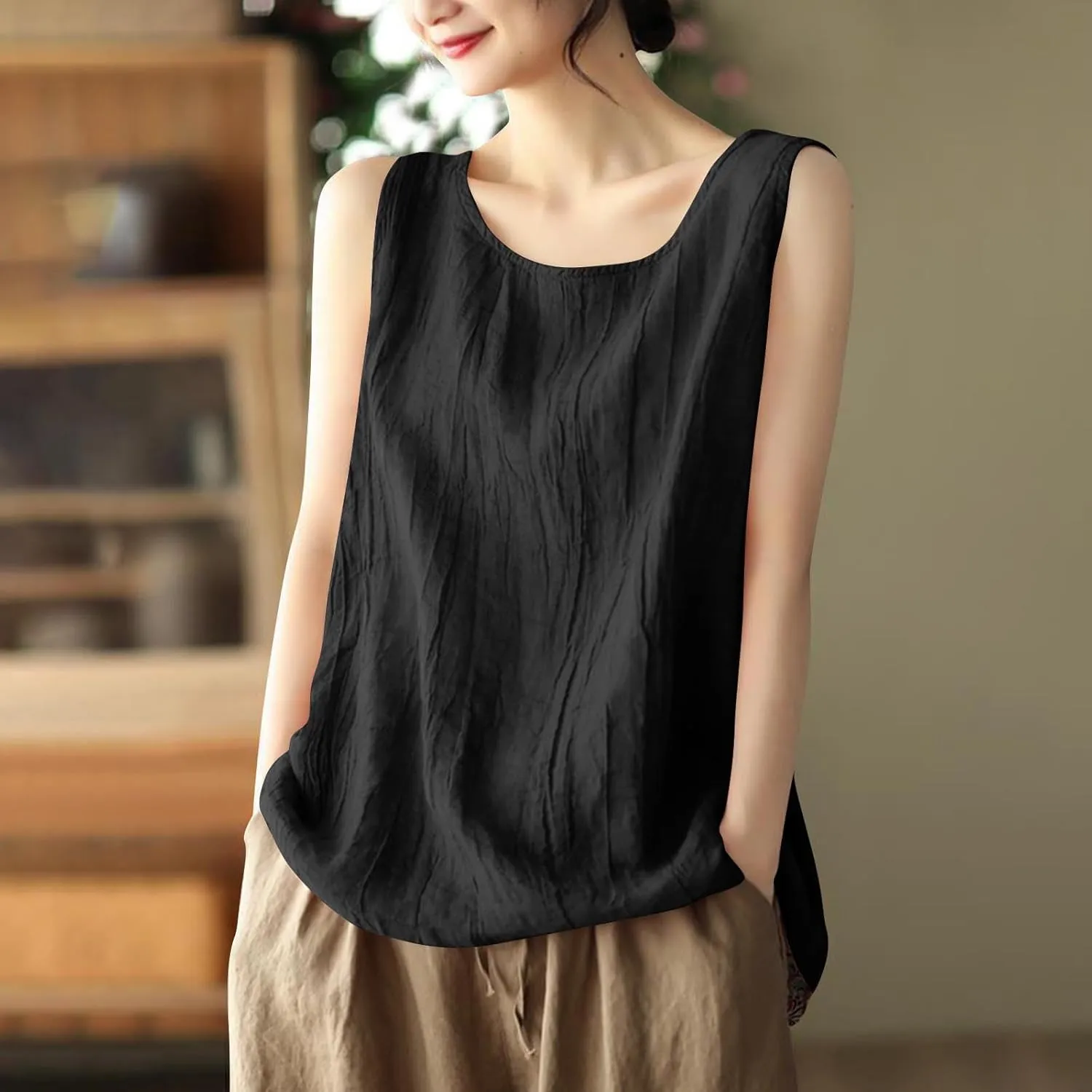 Women Cotton Linen Sleeveless Tank Tops Round Neck Solid Color Summer Shirt Casual Loose Comfy T-Shirt Blouse Vest