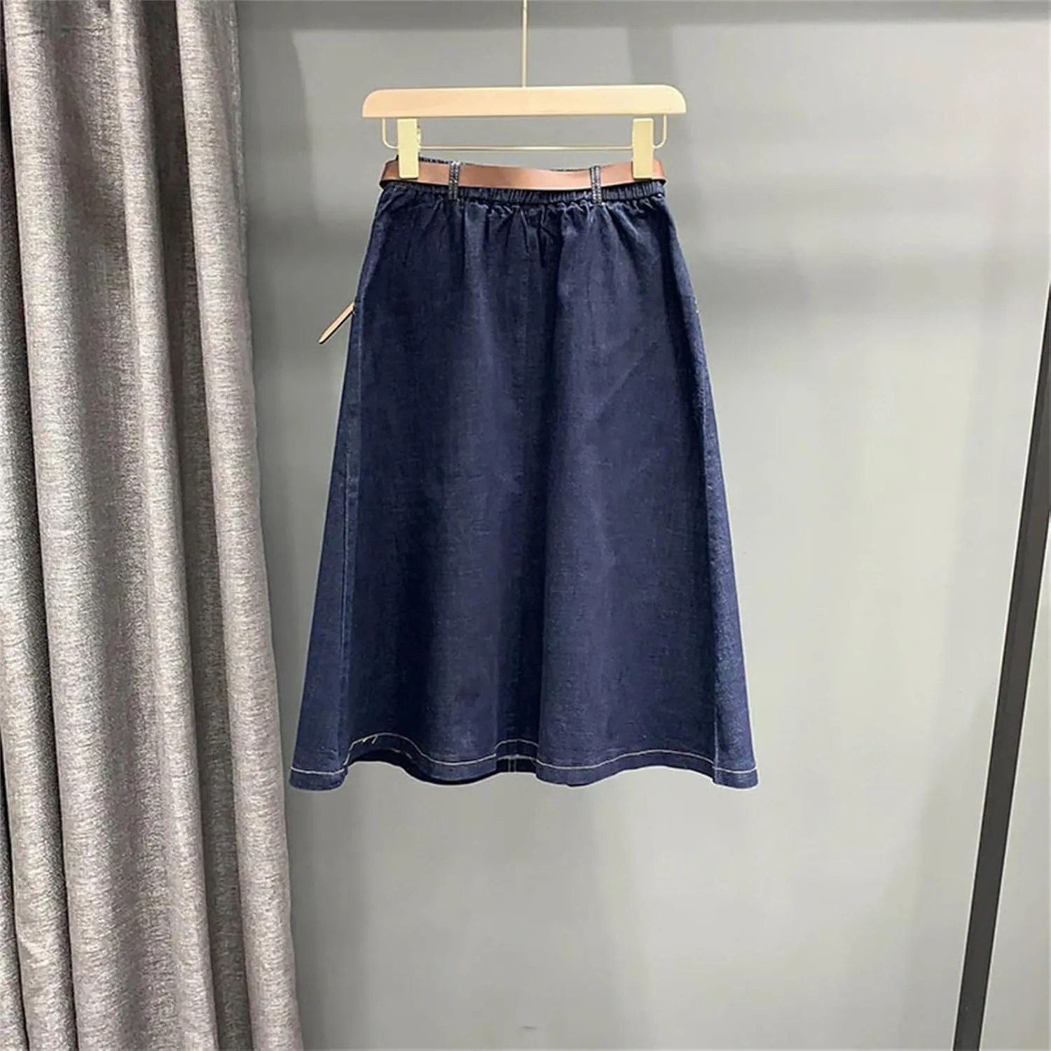 Women Denim Skirt Spring Summer Elastic Waist Midi Casual A-Line Skirt