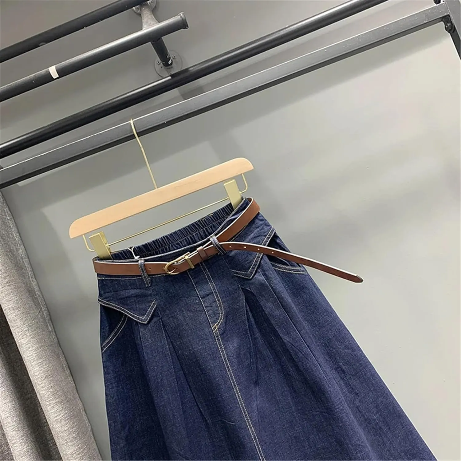 Women Denim Skirt Spring Summer Elastic Waist Midi Casual A-Line Skirt