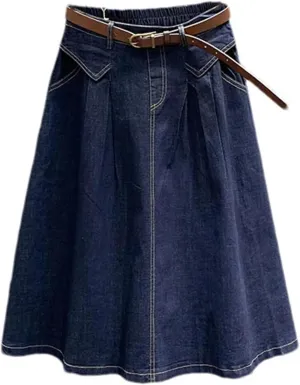 Women Denim Skirt Spring Summer Elastic Waist Midi Casual A-Line Skirt