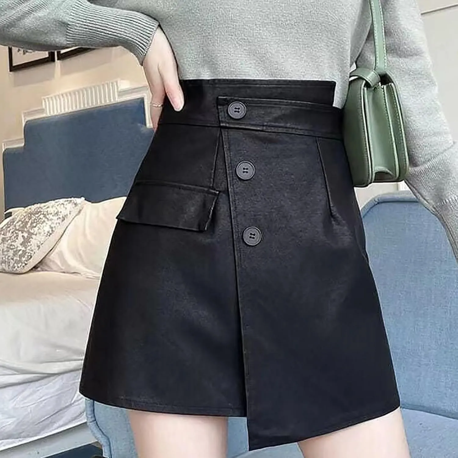 Women Faux Leather Mini Skirts High Waist A-Line Wrap Short Skirt with Built in Shorts