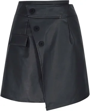 Women Faux Leather Mini Skirts High Waist A-Line Wrap Short Skirt with Built in Shorts