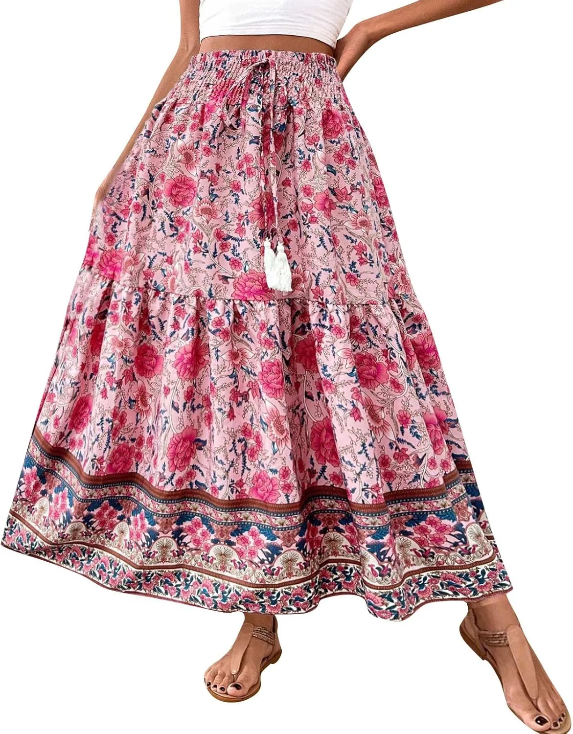 Women Floral Maxi Skirt- Smocked High Waist Cotton Flowy Long Skirts Summer Boho Beach Hawaiian Vacation A Line Skirt