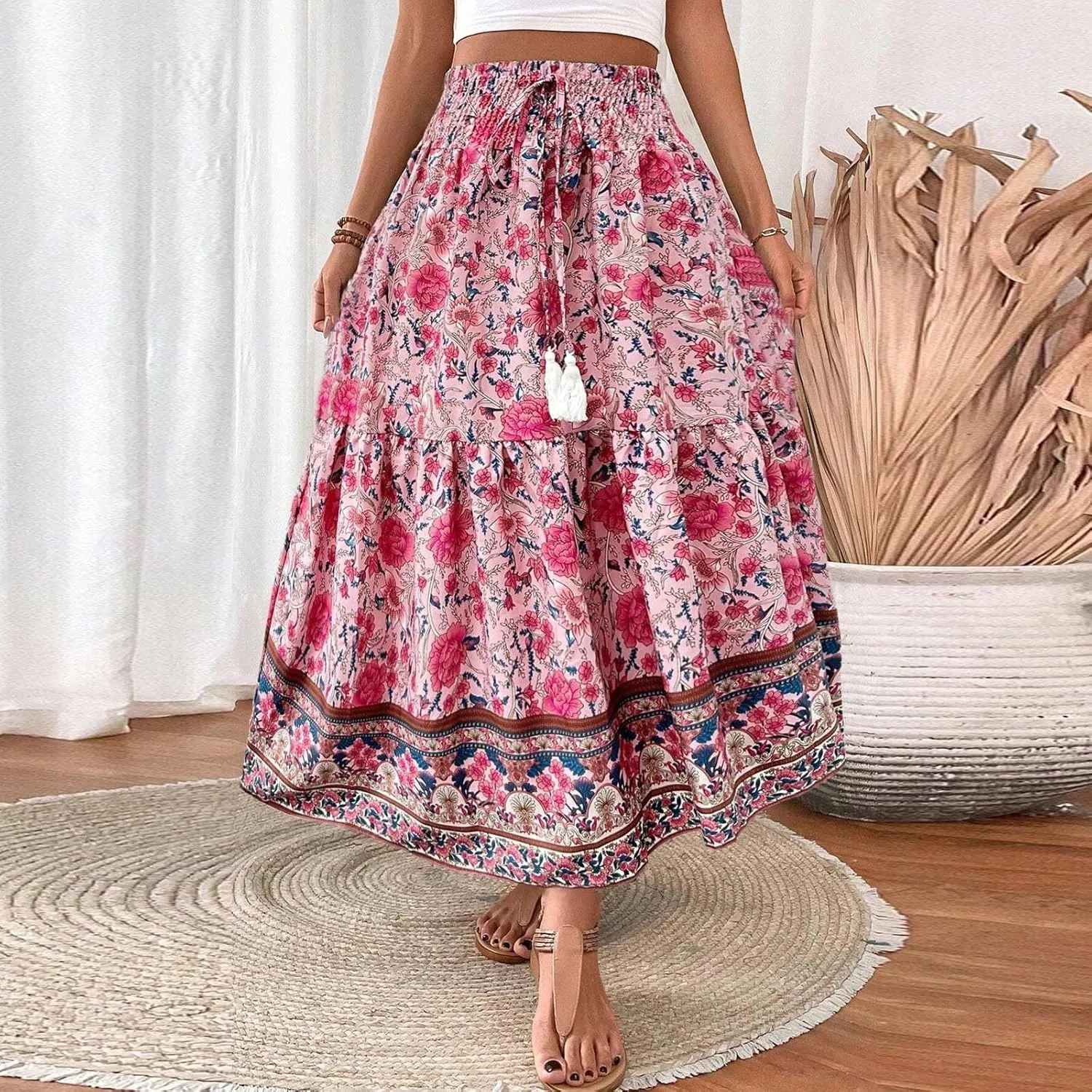 Women Floral Maxi Skirt- Smocked High Waist Cotton Flowy Long Skirts Summer Boho Beach Hawaiian Vacation A Line Skirt