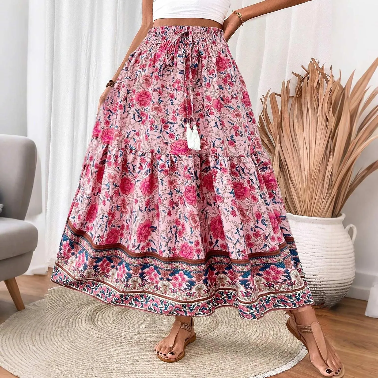 Women Floral Maxi Skirt- Smocked High Waist Cotton Flowy Long Skirts Summer Boho Beach Hawaiian Vacation A Line Skirt