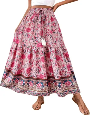 Women Floral Maxi Skirt- Smocked High Waist Cotton Flowy Long Skirts Summer Boho Beach Hawaiian Vacation A Line Skirt