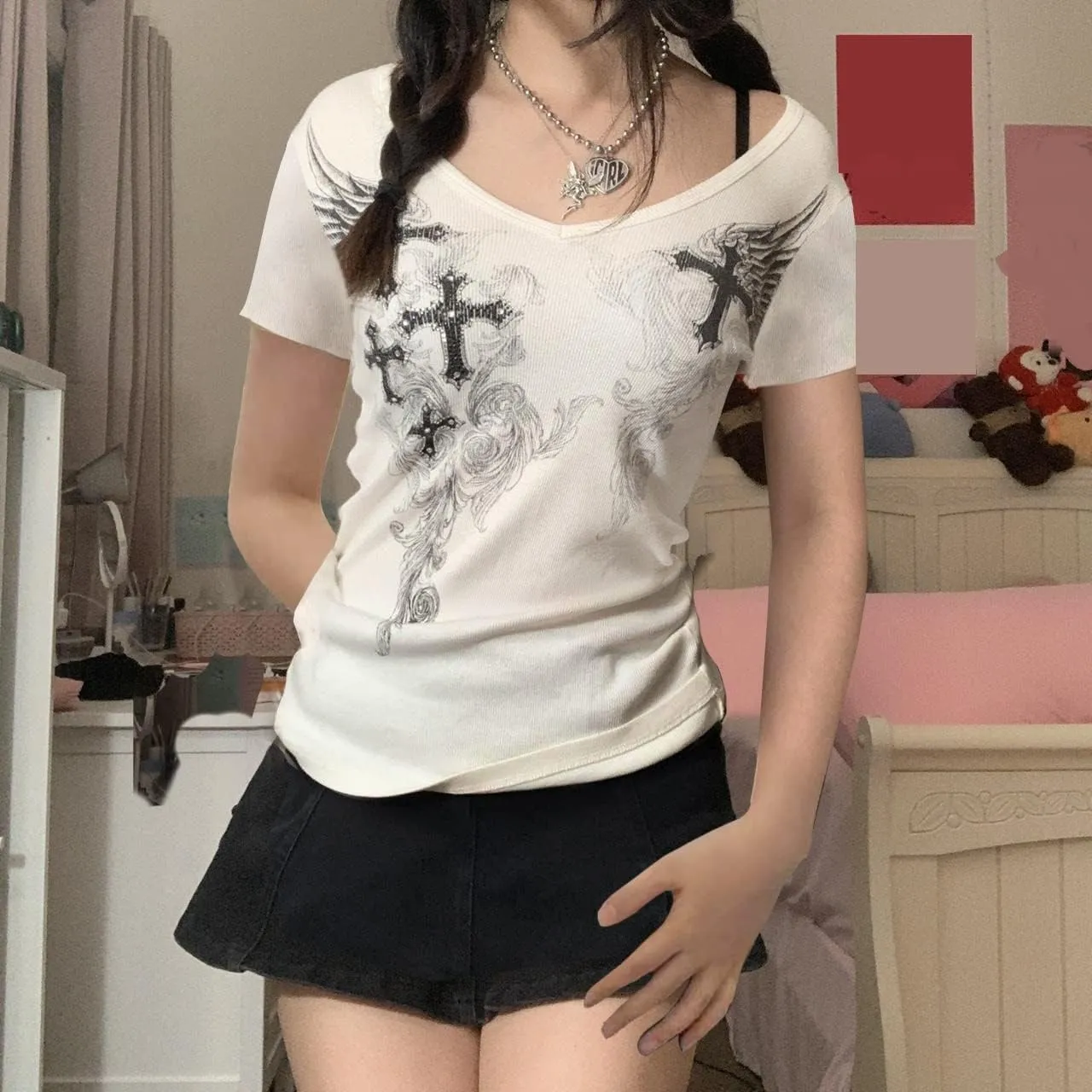 Women Gothic Oversized T-Shirt Graphic Print Short Sleeve Tee Top Round Neck Grunge Shirt Harajuku Streetwear