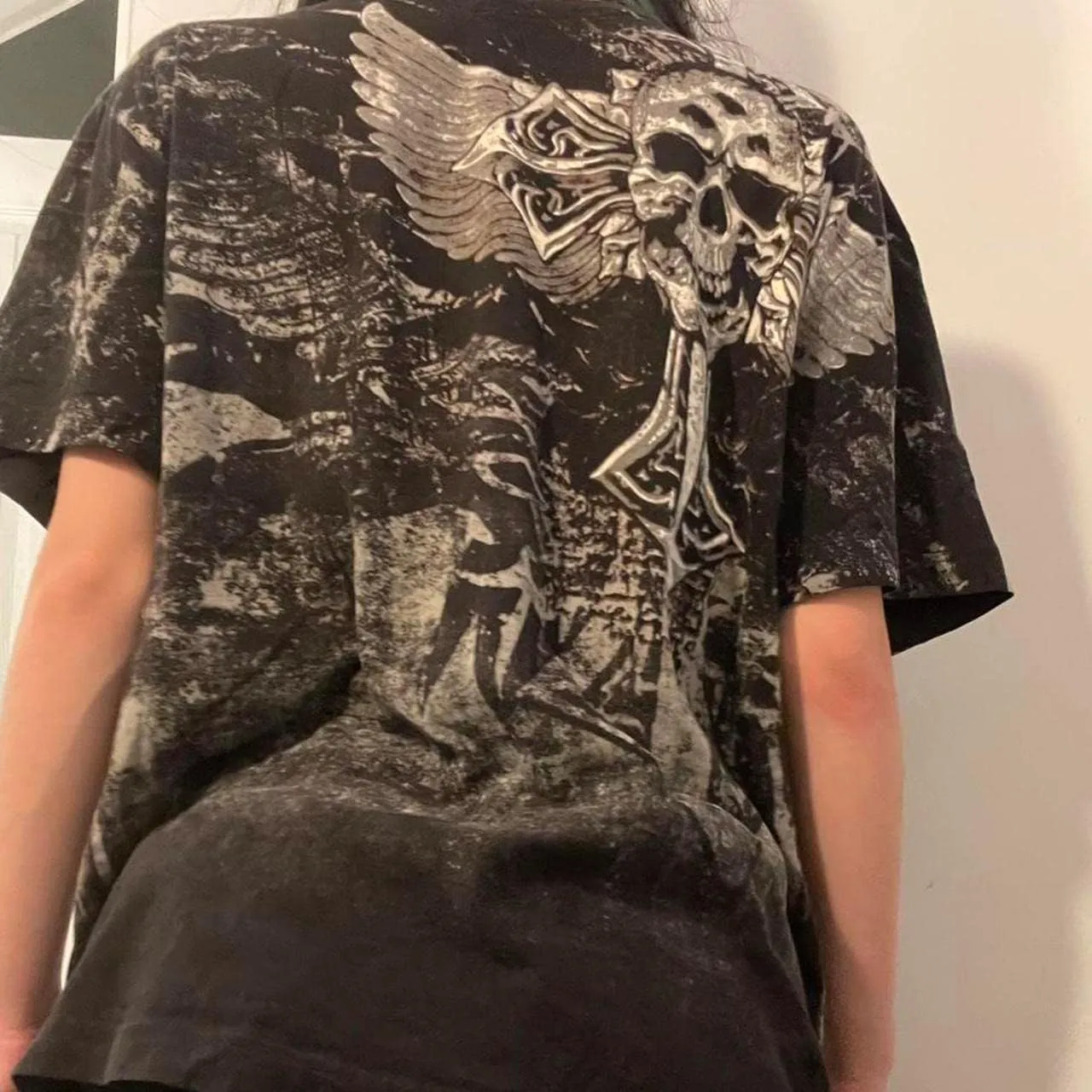 Women Gothic Oversized T-Shirt Graphic Print Short Sleeve Tee Top Round Neck Grunge Shirt Harajuku Streetwear