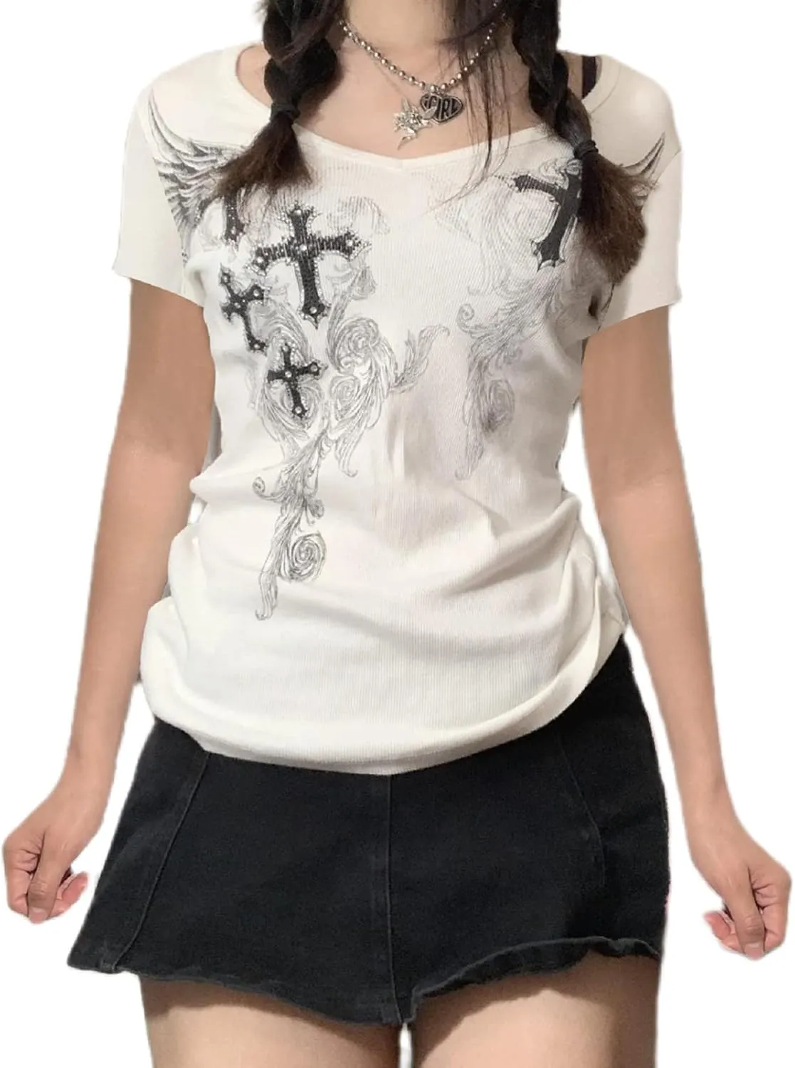 Women Gothic Oversized T-Shirt Graphic Print Short Sleeve Tee Top Round Neck Grunge Shirt Harajuku Streetwear