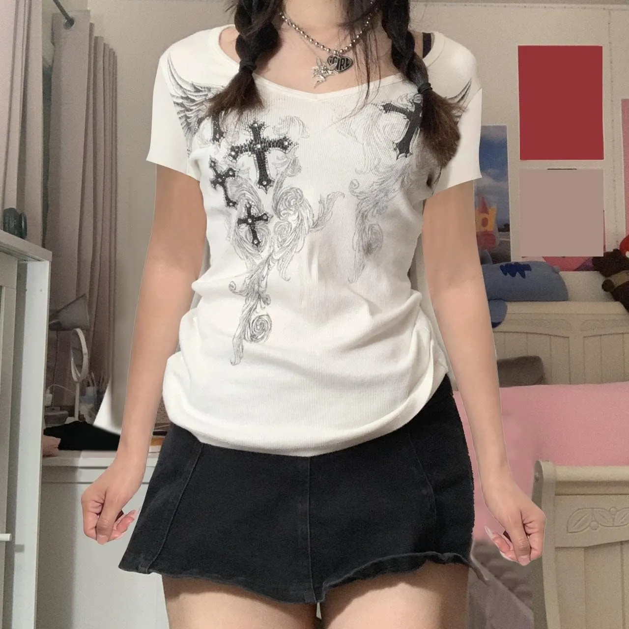 Women Gothic Oversized T-Shirt Graphic Print Short Sleeve Tee Top Round Neck Grunge Shirt Harajuku Streetwear