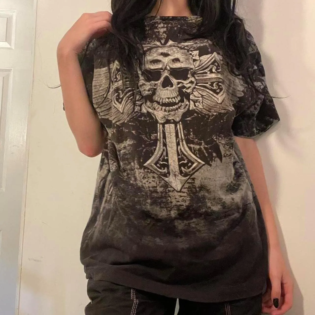 Women Gothic Oversized T-Shirt Graphic Print Short Sleeve Tee Top Round Neck Grunge Shirt Harajuku Streetwear