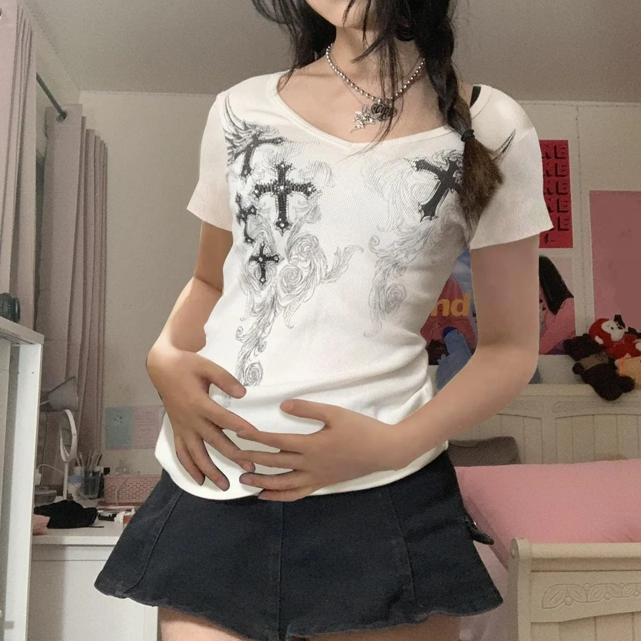 Women Gothic Oversized T-Shirt Graphic Print Short Sleeve Tee Top Round Neck Grunge Shirt Harajuku Streetwear