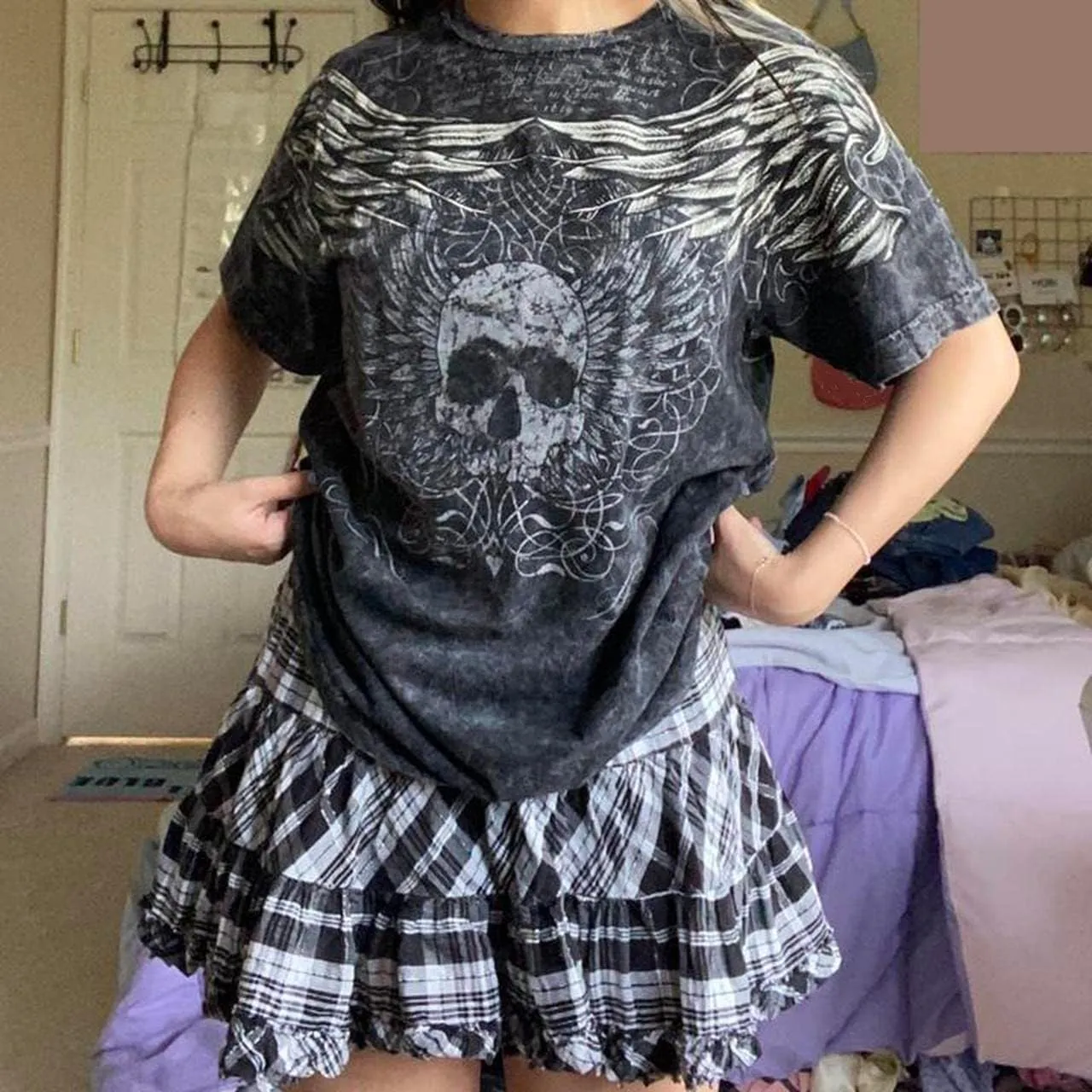 Women Gothic Oversized T-Shirt Graphic Print Short Sleeve Tee Top Round Neck Grunge Shirt Harajuku Streetwear