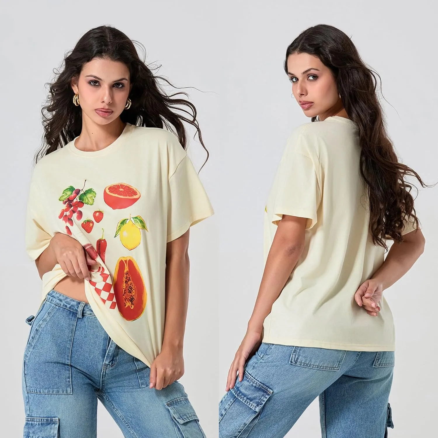 Women Graphic Oversized Tees Y2k Cute Fruit Print Short Sleeve Crew Neck Shirt E Girls Aesthetic Going Out Top