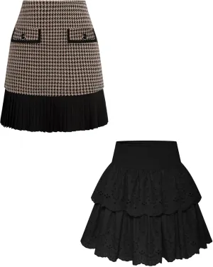 Women Layered Mini Skirt and Plaid Pleated Mini Skirt
